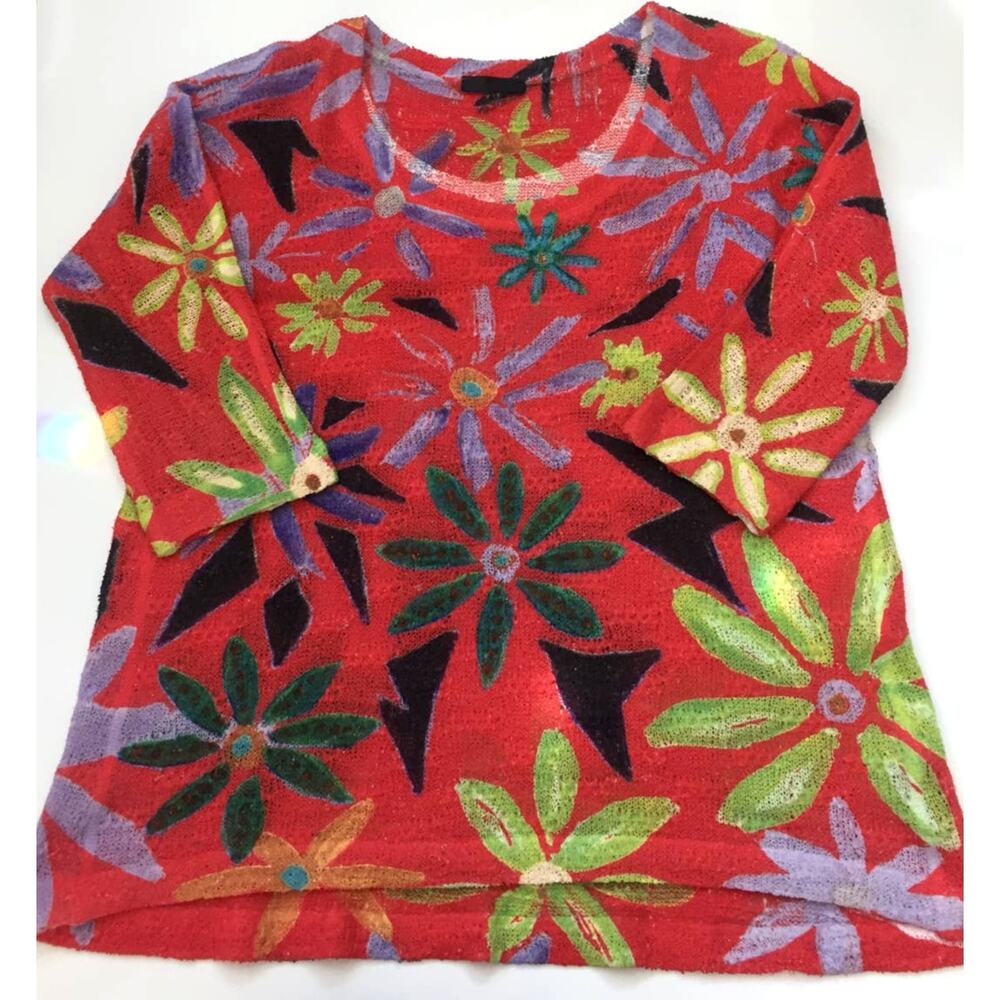 Nally & Millie Vibrant Floral Print Mesh Knit Top 3/4 Sleeve Red Green Purple M‎